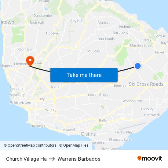 Church Village Ha to Warrens Barbados map