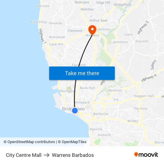 City Centre Mall to Warrens Barbados map