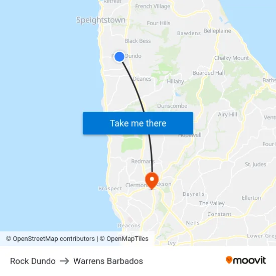 Rock Dundo to Warrens Barbados map