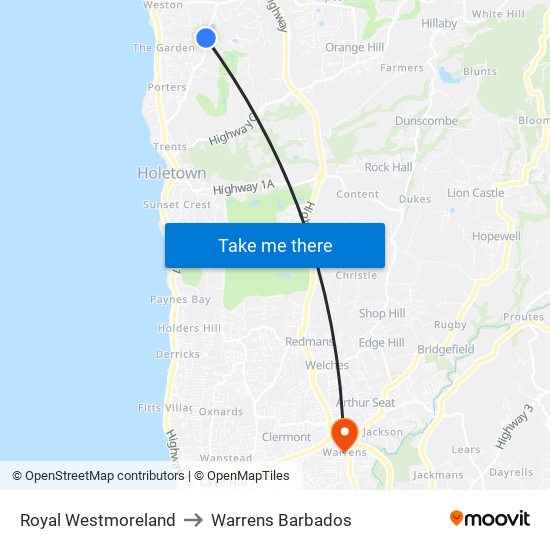 Royal Westmoreland to Warrens Barbados map