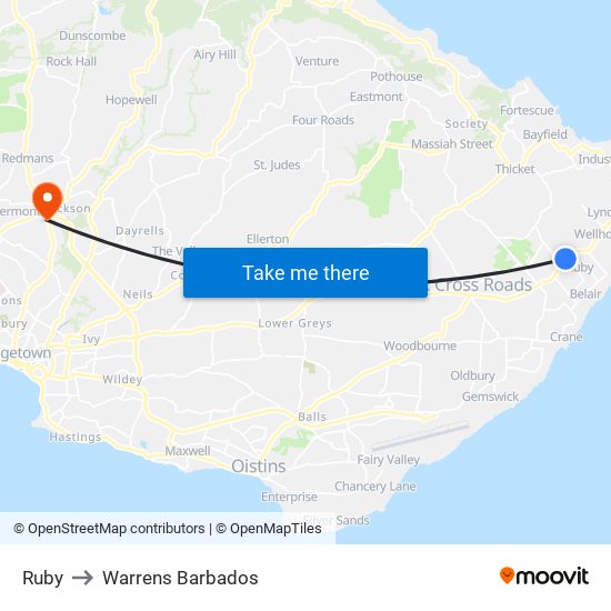 Ruby to Warrens Barbados map