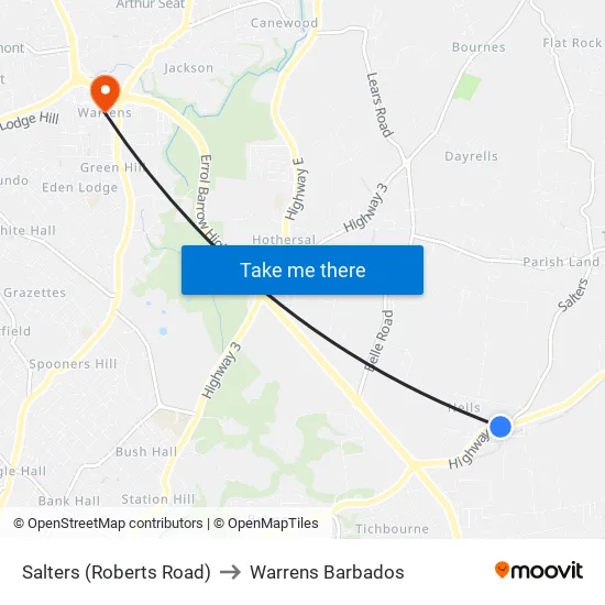 Salters (Roberts Road) to Warrens Barbados map