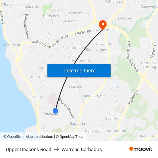 Upper Deacons Road to Warrens Barbados map