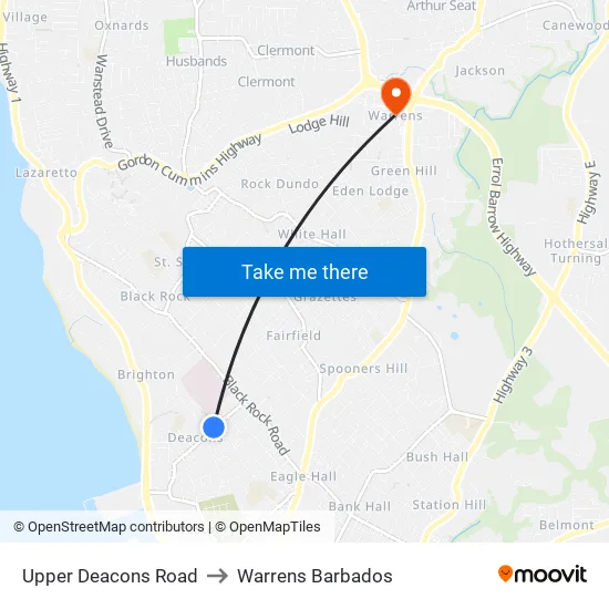 Upper Deacons Road to Warrens Barbados map