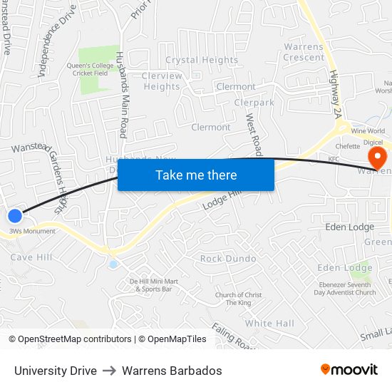 University Drive to Warrens Barbados map