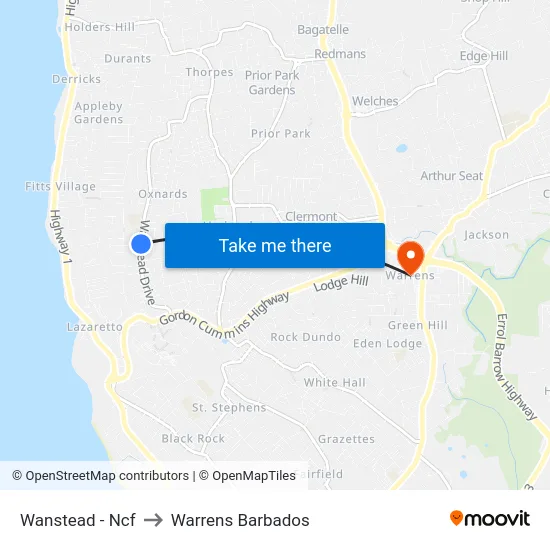 Wanstead - Ncf to Warrens Barbados map