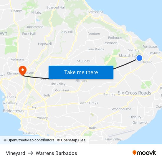 Vineyard to Warrens Barbados map