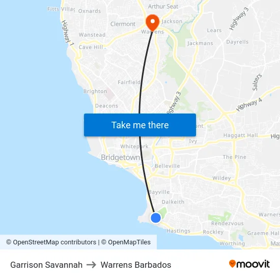 Garrison Savannah to Warrens Barbados map
