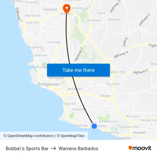Bubba\'s Sports Bar to Warrens Barbados map
