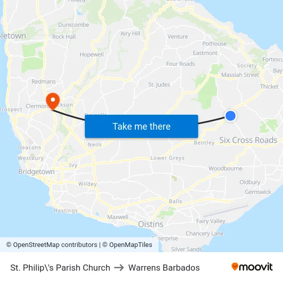 St. Philip\'s Parish Church to Warrens Barbados map