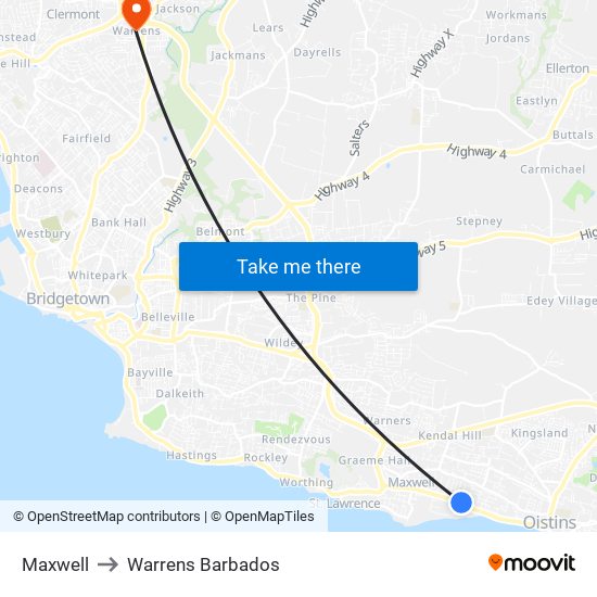 Maxwell to Warrens Barbados map