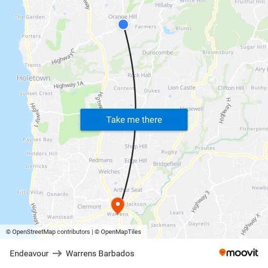 Endeavour to Warrens Barbados map