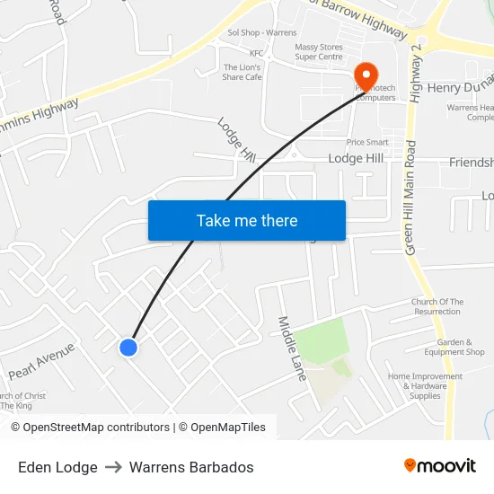 Eden Lodge to Warrens Barbados map