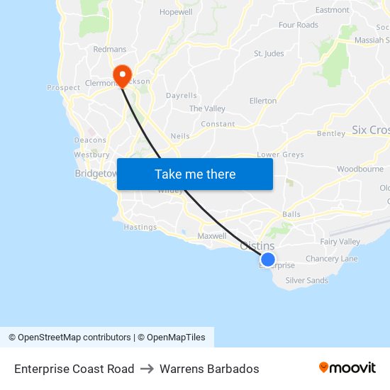Enterprise Coast Road to Warrens Barbados map