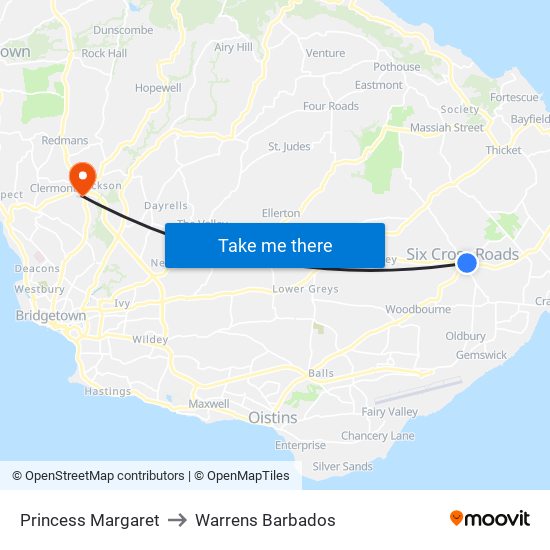 Princess Margaret to Warrens Barbados map