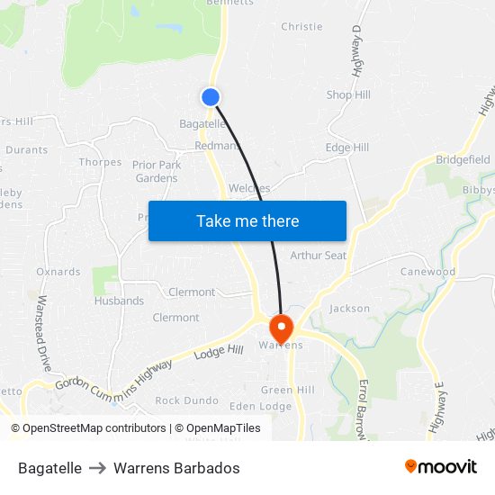 Bagatelle to Warrens Barbados map