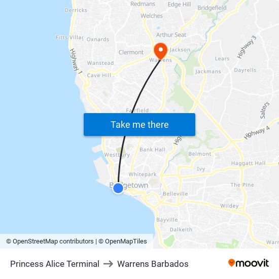 Princess Alice Terminal to Warrens Barbados map
