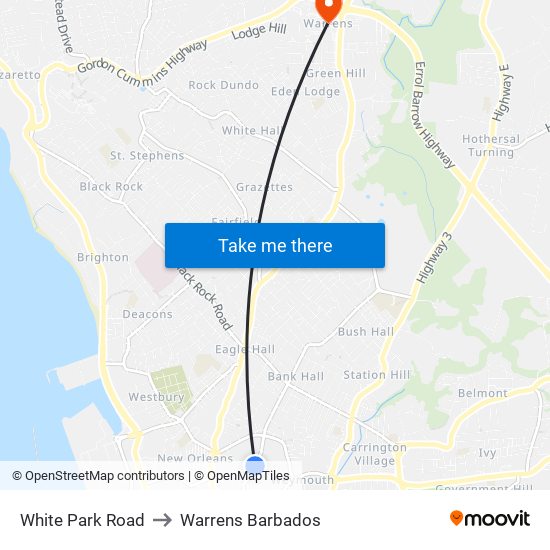 White Park Road to Warrens Barbados map