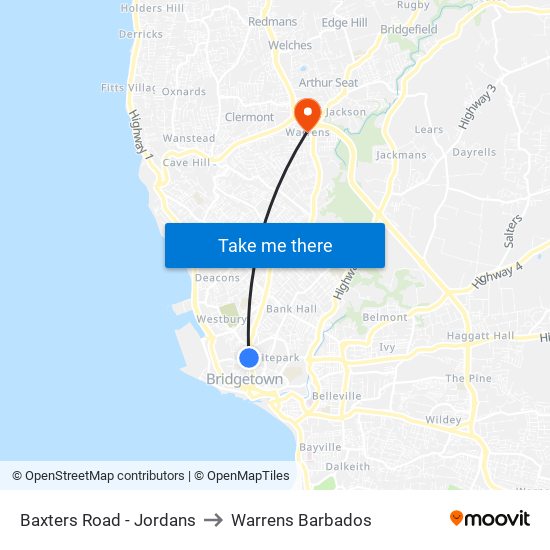 Baxters Road - Jordans to Warrens Barbados map