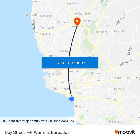 Bay Street to Warrens Barbados map