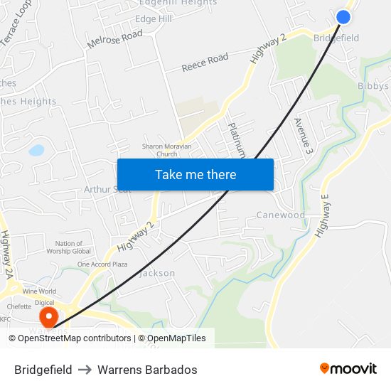 Bridgefield to Warrens Barbados map