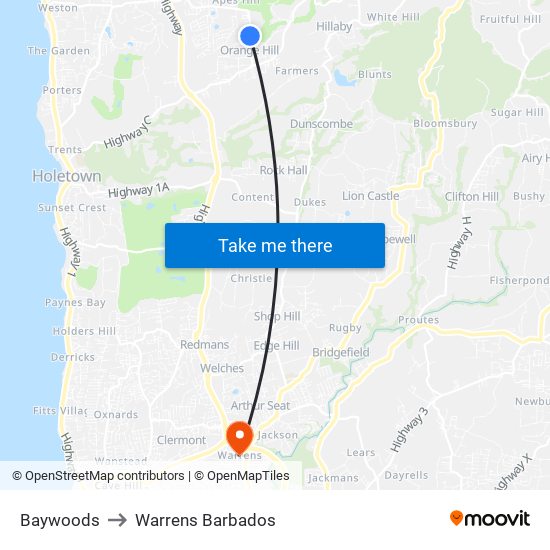 Baywoods to Warrens Barbados map