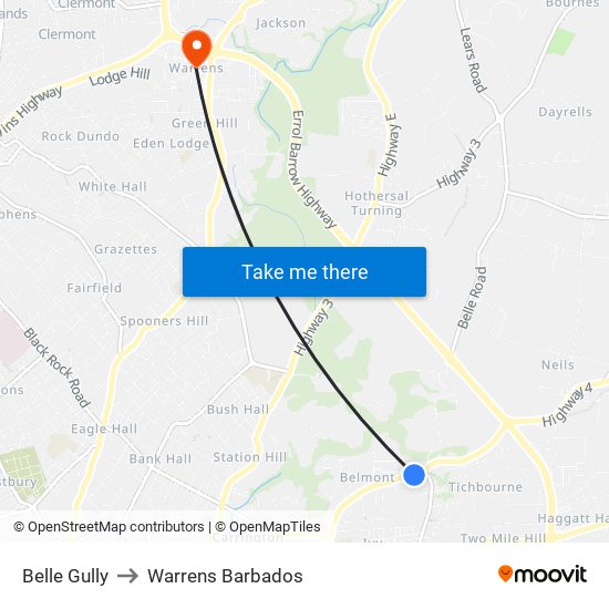 Belle Gully to Warrens Barbados map