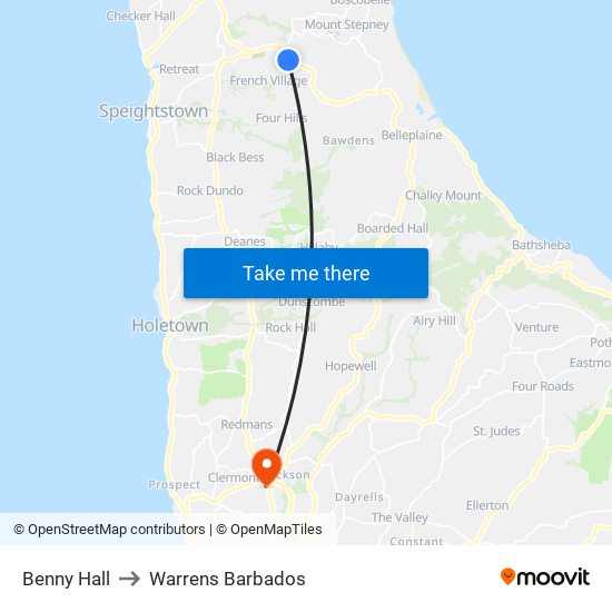 Benny Hall to Warrens Barbados map