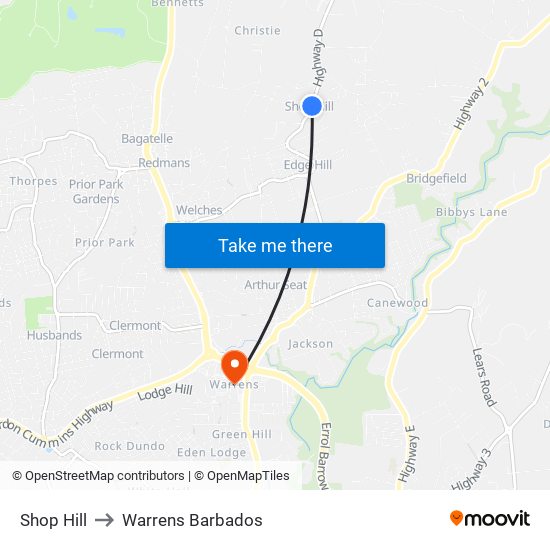 Shop Hill to Warrens Barbados map