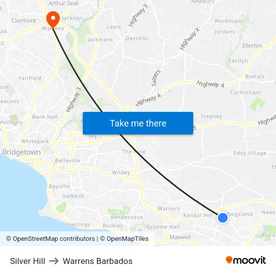 Silver Hill to Warrens Barbados map