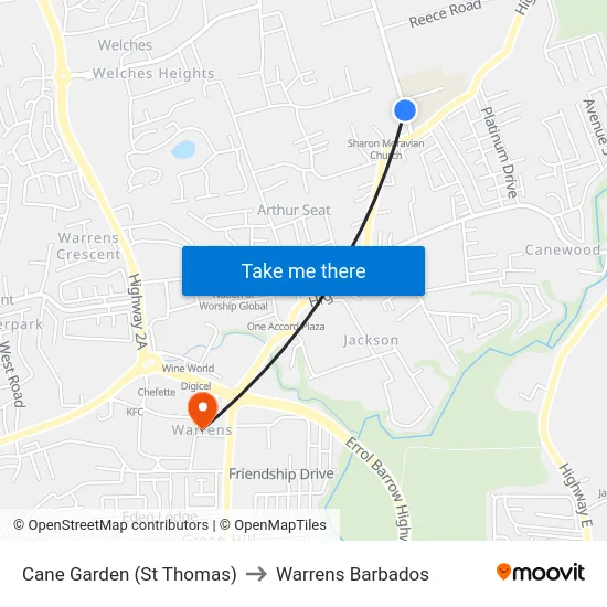 Cane Garden (St Thomas) to Warrens Barbados map