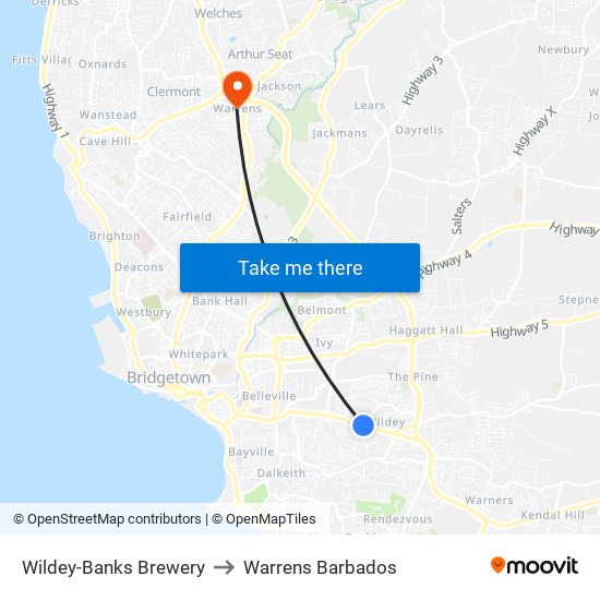 Wildey-Banks Brewery to Warrens Barbados map