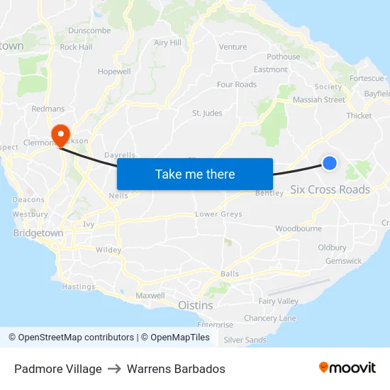 Padmore Village to Warrens Barbados map