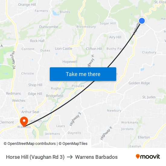 Horse Hill (Vaughan Rd 3) to Warrens Barbados map