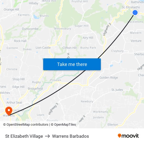 St Elizabeth Village to Warrens Barbados map