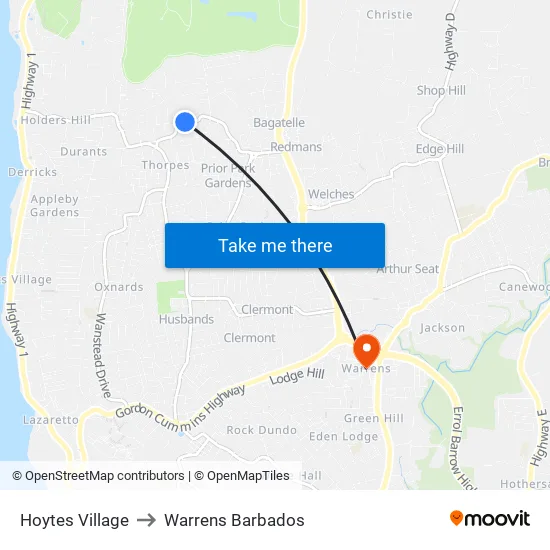 Hoytes Village to Warrens Barbados map
