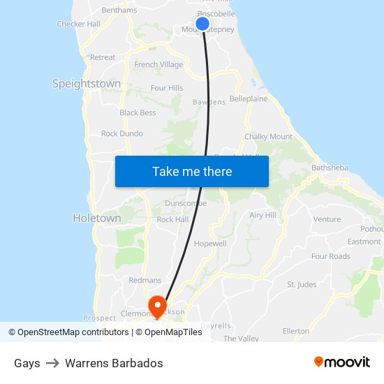 Gays to Warrens Barbados map