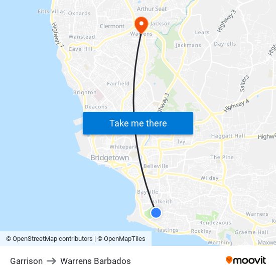 Garrison to Warrens Barbados map