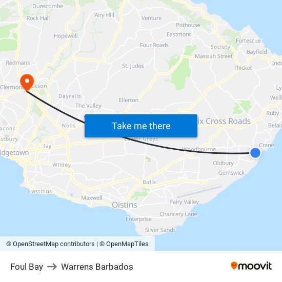 Foul Bay to Warrens Barbados map