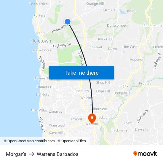 Morgan's to Warrens Barbados map