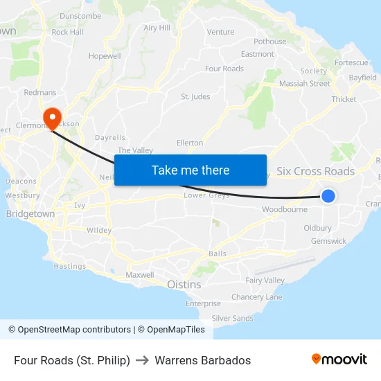 Four Roads (St. Philip) to Warrens Barbados map