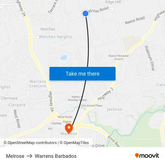 Melrose to Warrens Barbados map
