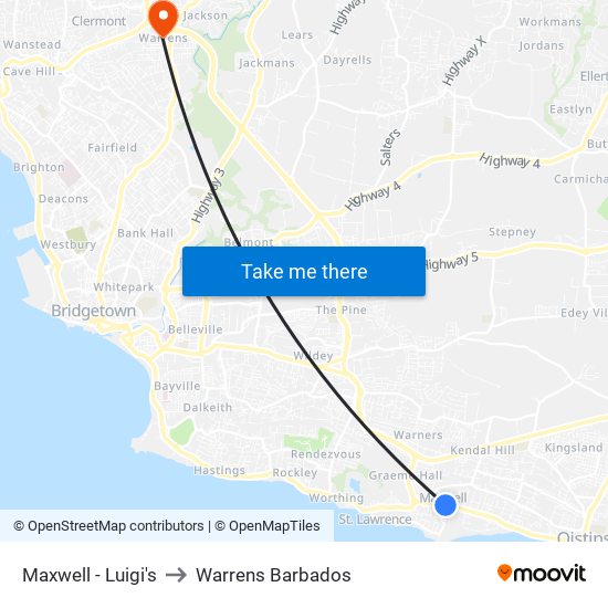 Maxwell - Luigi's to Warrens Barbados map