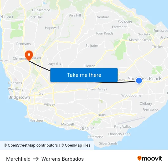 Marchfield to Warrens Barbados map
