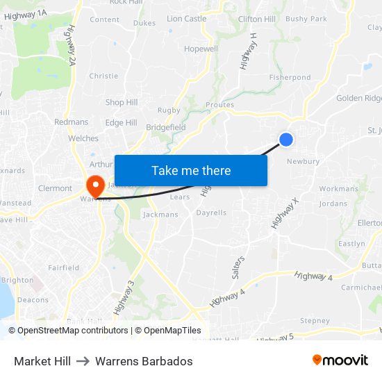 Market Hill to Warrens Barbados map