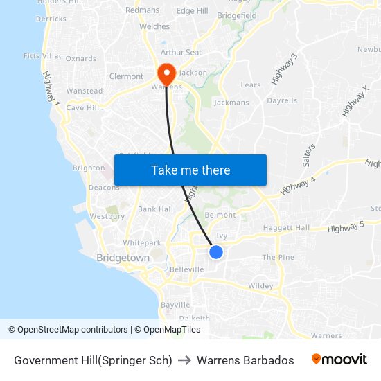 Government Hill(Springer Sch) to Warrens Barbados map