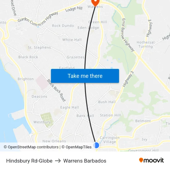 Hindsbury Rd-Globe to Warrens Barbados map