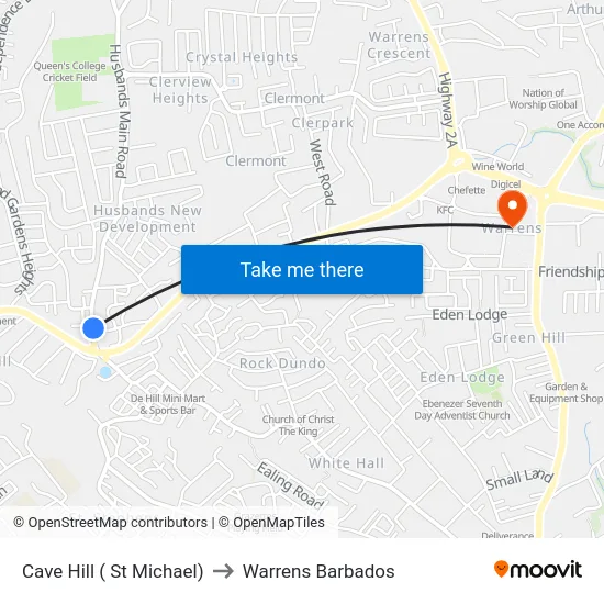 Cave Hill ( St Michael) to Warrens Barbados map