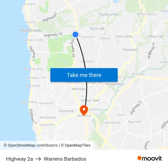 Highway 2a to Warrens Barbados map