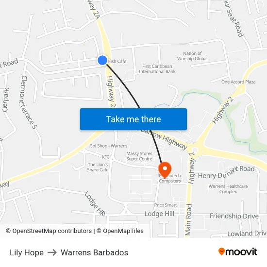 Lily Hope to Warrens Barbados map